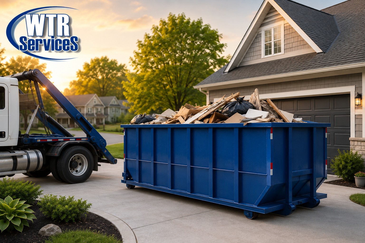 WTR Services roll-off truck delivering a blue 20-yard dumpster to a Northeast Ohio driveway