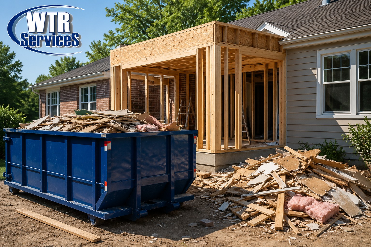 Blue dumpster filled with construction debris in front of a Northeast Ohio home under construction with a new wooden frame addition