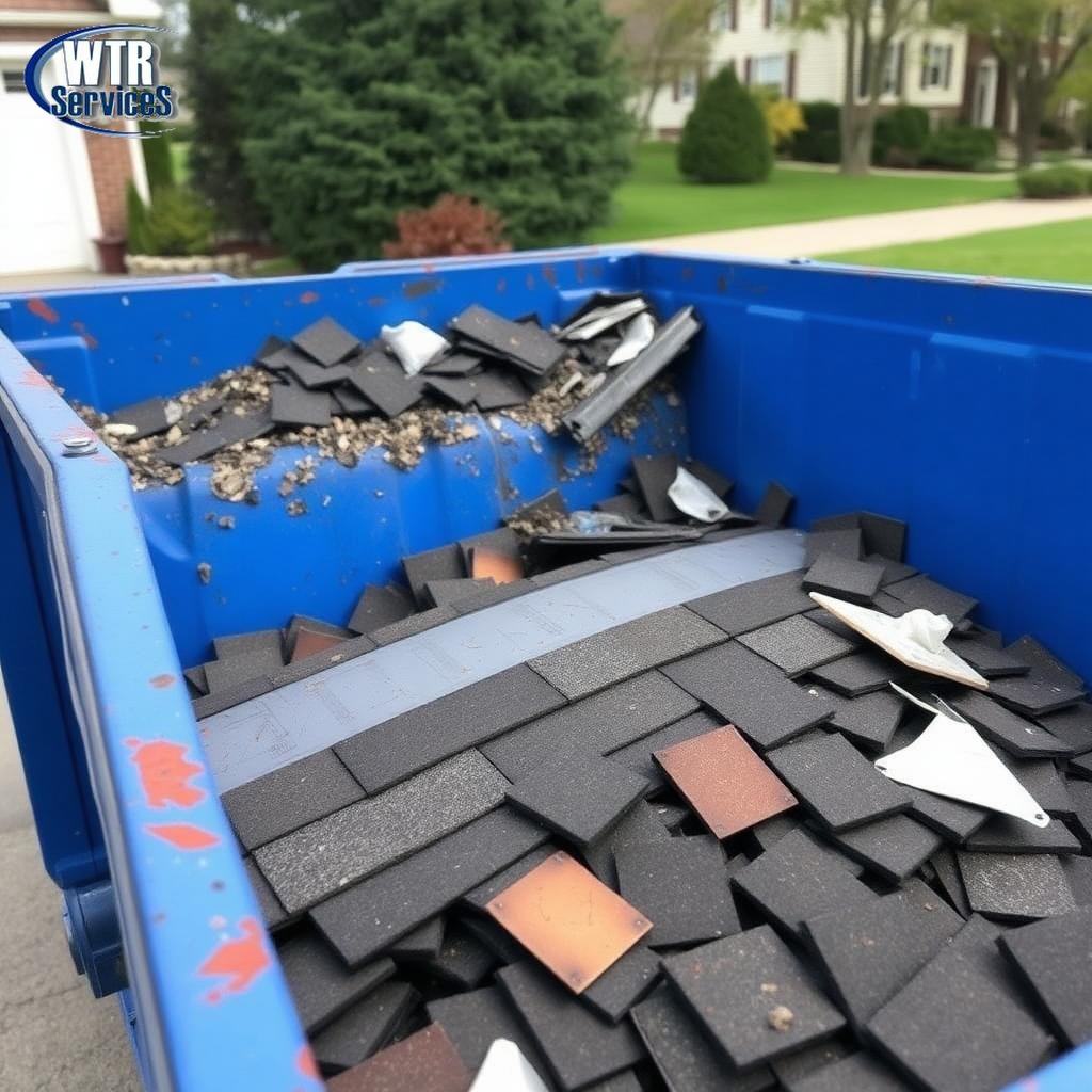 Close-up of a blue roll off dumpster filled with old asphalt shingles, underlayment, and metal flashing after a roof tear off in Ohio