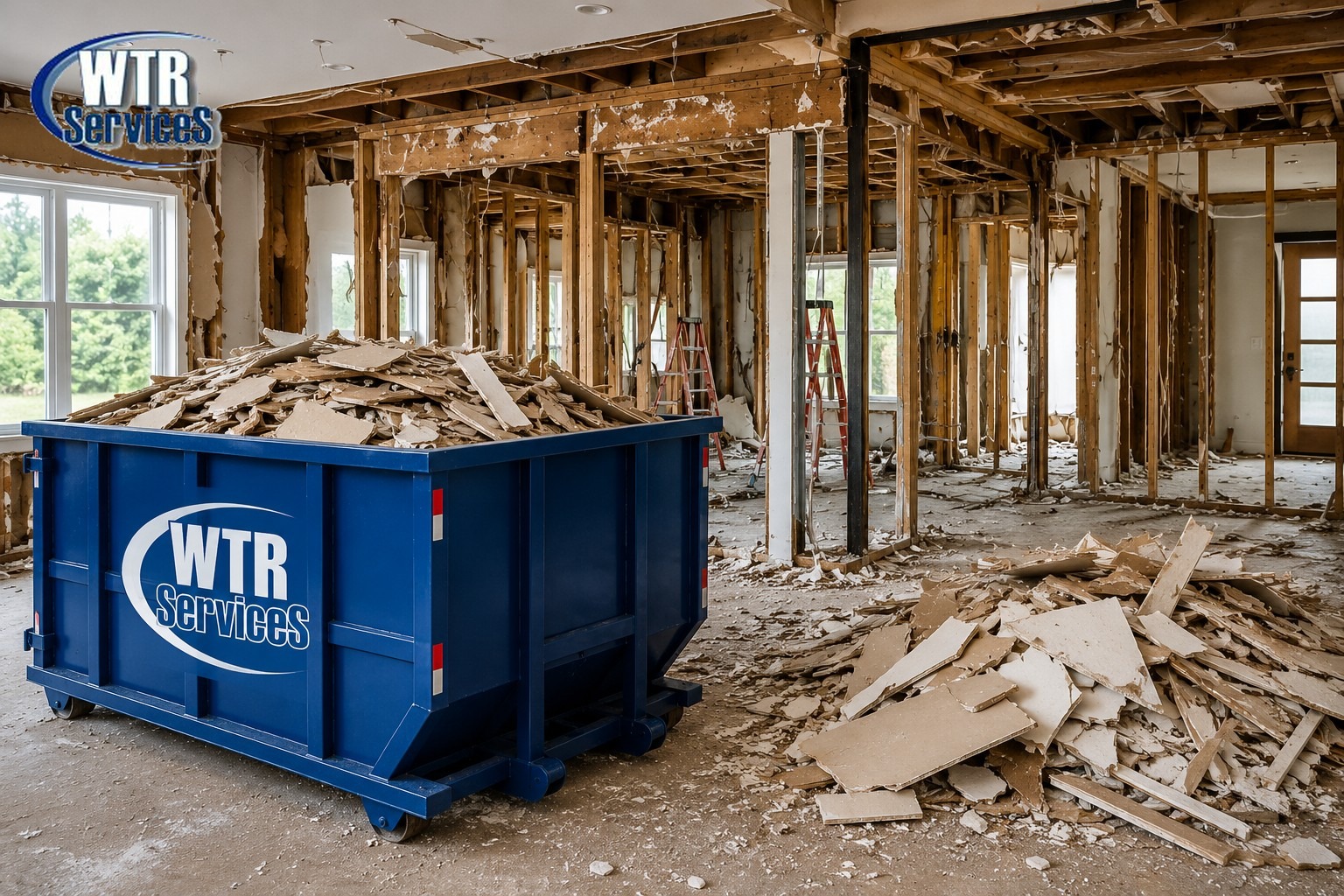 Blue WTR Services dumpster filled with construction debris inside a Northeast Ohio home undergoing a major structural renovation with exposed wall studs