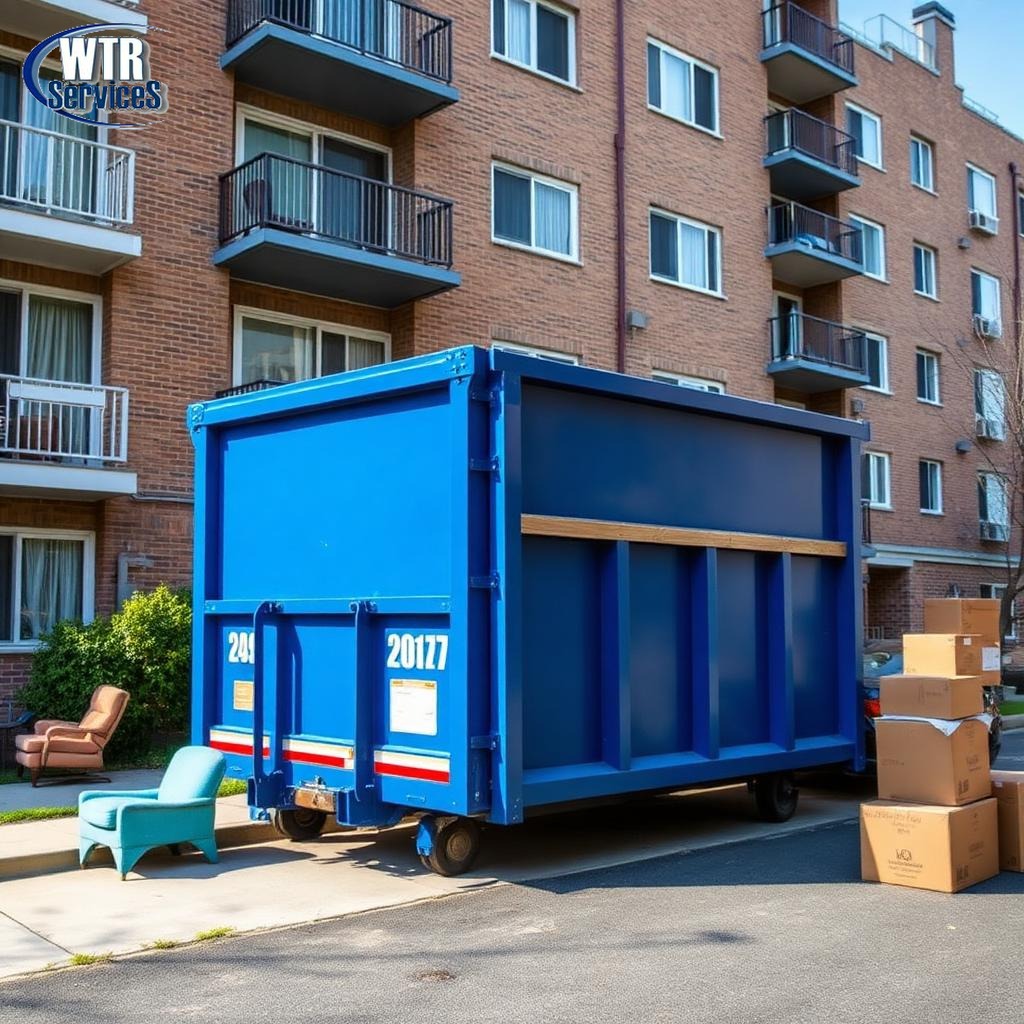 Large blue roll-off dumpster outside a multi-unit apartment building during tenant move-out in Ohio