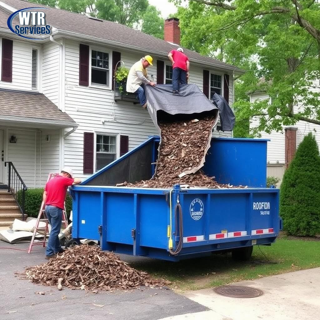 Roofing crew using a tarp chute to slide torn-off shingles directly into a blue WTR Services roll off dumpster outside a Northeast Ohio home