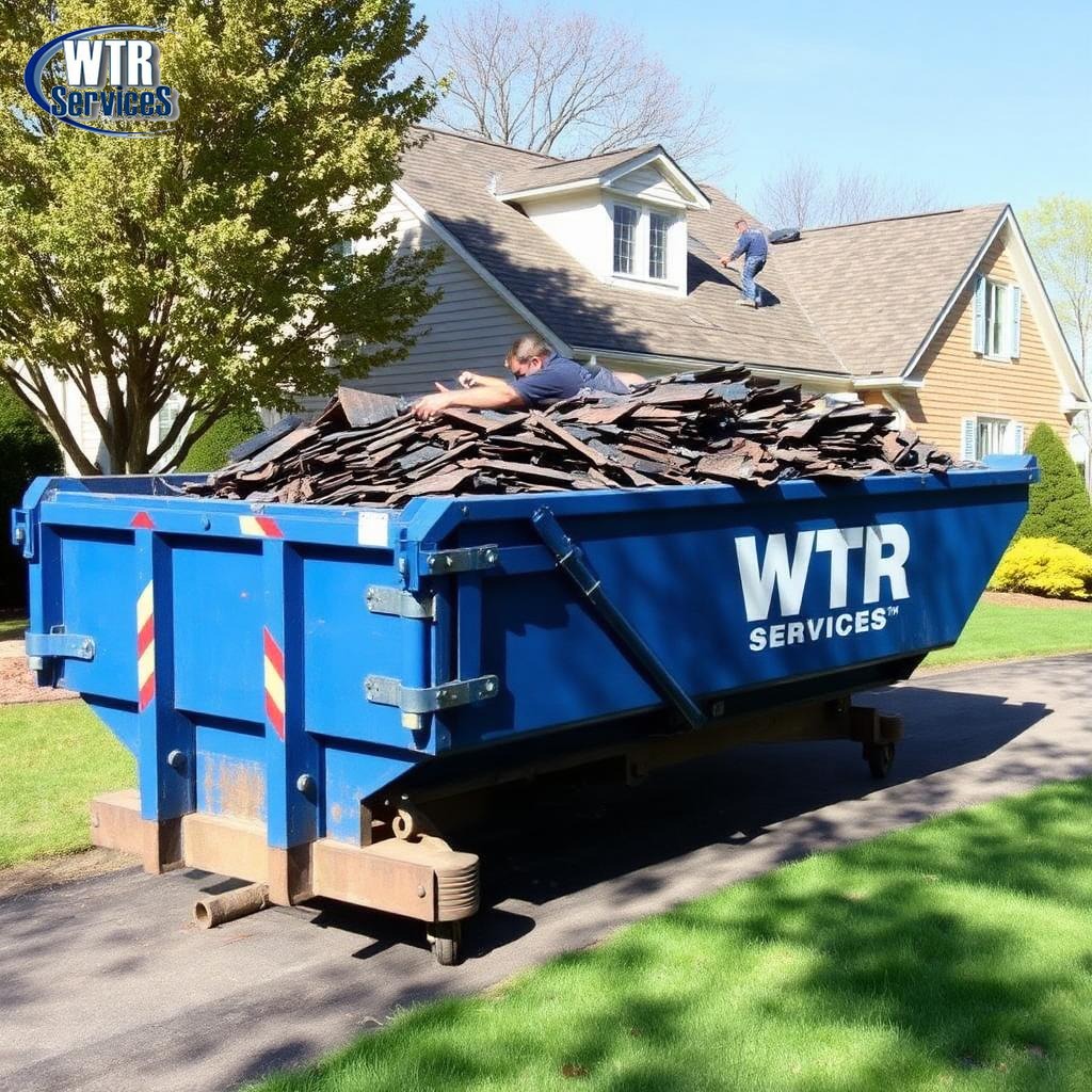 Blue WTR Services roll off dumpster filled with torn-off asphalt shingles in front of a Northeast Ohio home with a roofing crew working overhead