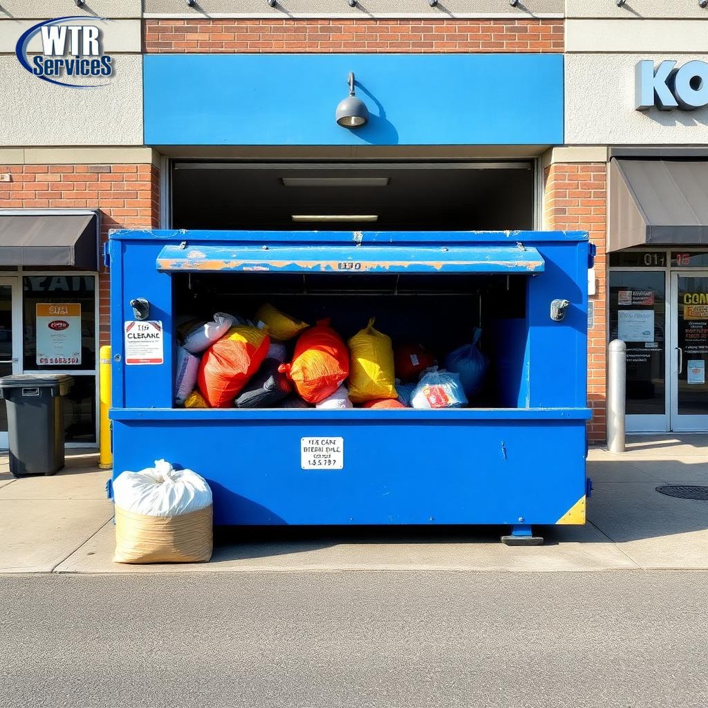 Blue commercial dumpster behind a restaurant and retail strip mall in Northeast Ohio