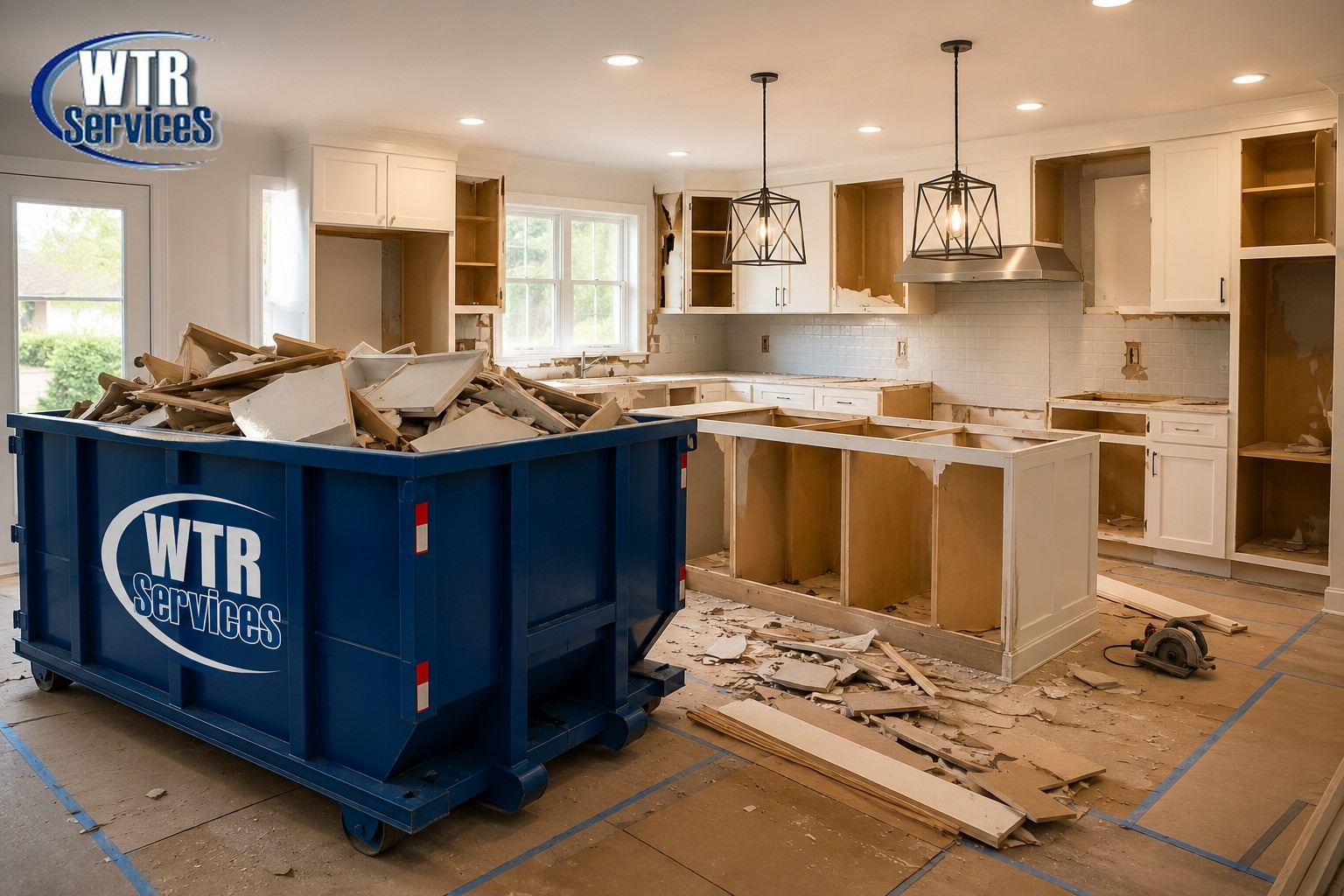Blue WTR Services dumpster filled with construction debris in the middle of a kitchen undergoing renovation