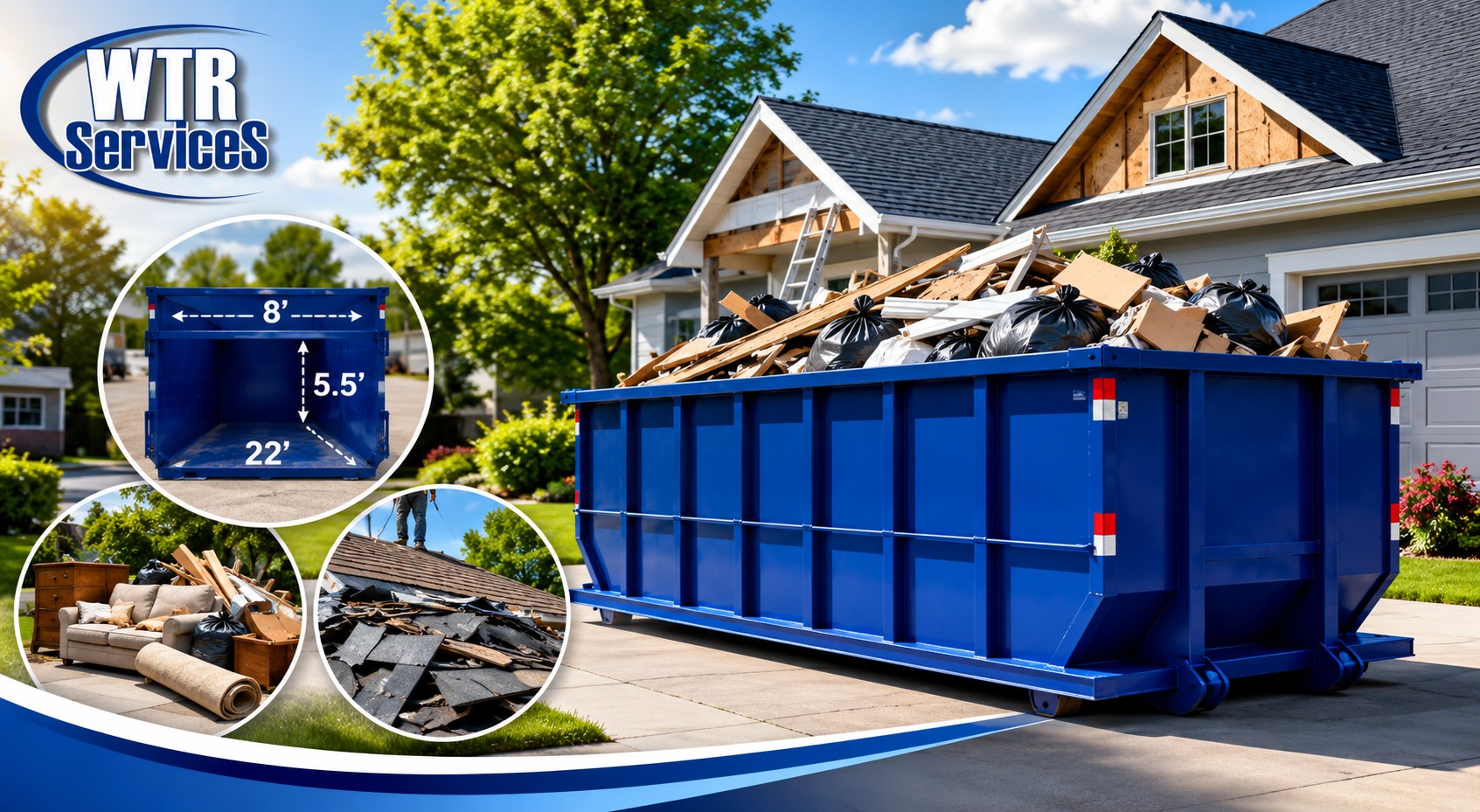 20-yard dumpster dimensions — 22 feet long, 8 feet wide, 5.5 feet high — in a residential driveway