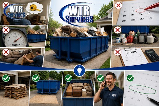 Collage of common dumpster rental mistakes and best practices from WTR Services