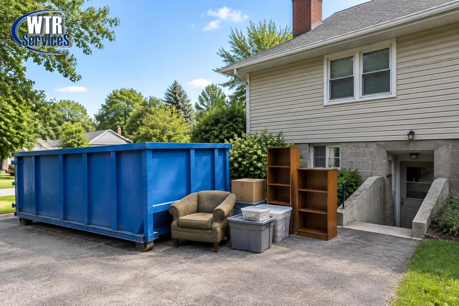 Illustrative blue roll-off dumpster beside a basement entrance with shelving, an armchair, and storage boxes, with the actual WTR Services logo in the upper-left