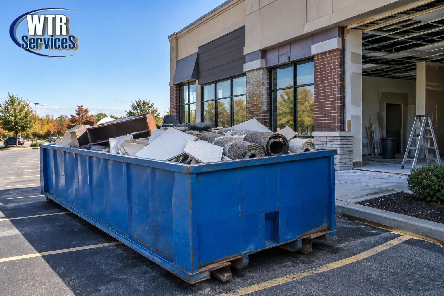 Blue roll-off dumpster filled with ceiling tiles, carpet and office furniture outside a storefront under renovation, with the actual WTR Services logo in the upper-left