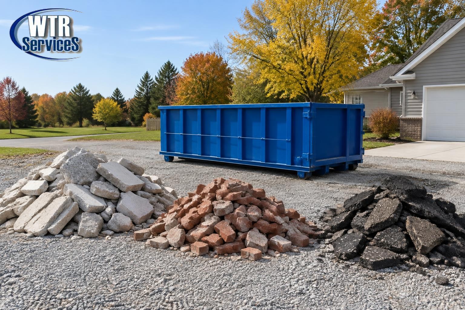 Illustrative blue roll-off dumpster beside separately staged concrete, brick and asphalt debris, with the actual WTR Services logo in the upper-left