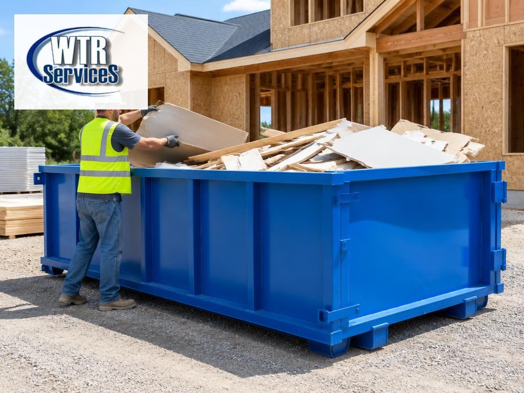 WTR Services construction site cleanup guide showing a worker loading lumber and drywall debris into a blue roll-off dumpster at a job site