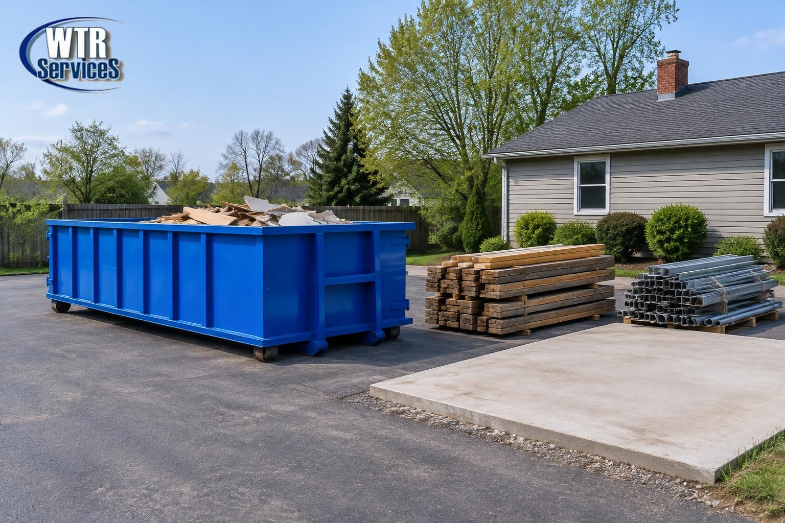 Illustrative blue roll-off dumpster near a cleared structure pad with separate stacks of salvaged lumber and metal, with the actual WTR Services logo in the upper-left