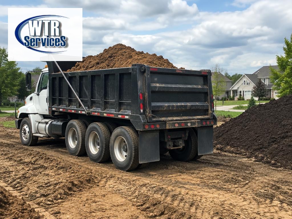 WTR Services dirt hauling guide showing a dump truck loaded with excavated soil at a residential job site