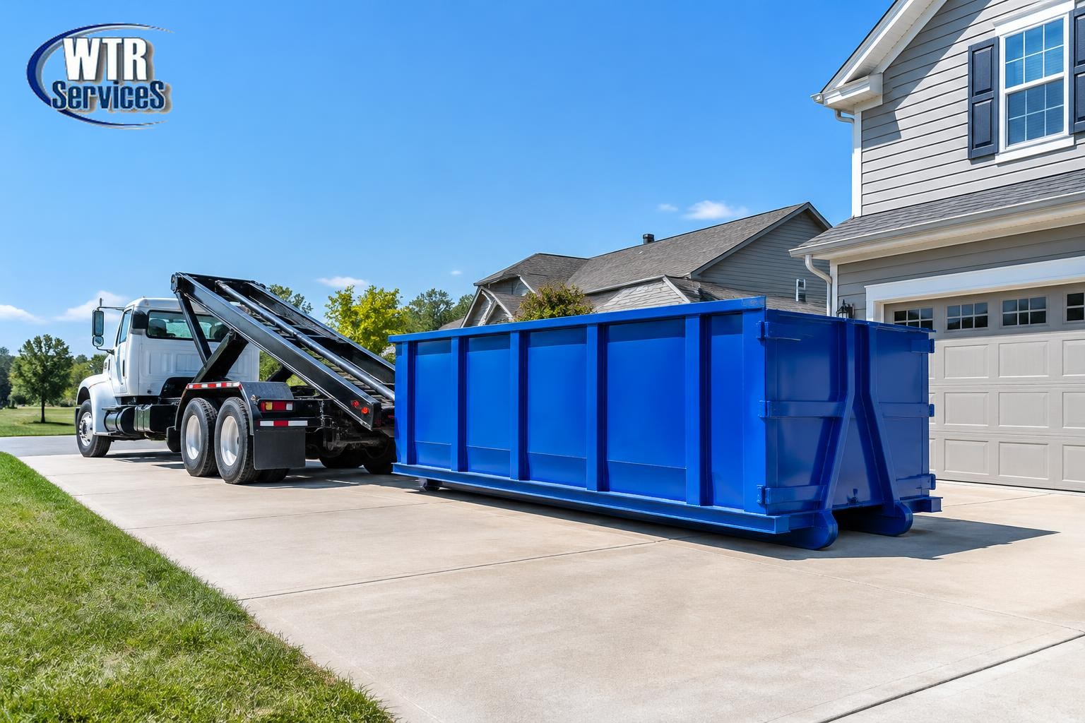 Blue roll-off dumpster and delivery truck on a clear residential driveway, with the actual WTR Services logo in the upper-left corner