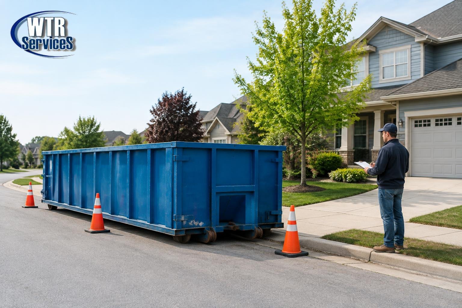 WTR Services guide to Ohio dumpster permits showing a blue roll-off container beside a residential curb and a clear sidewalk