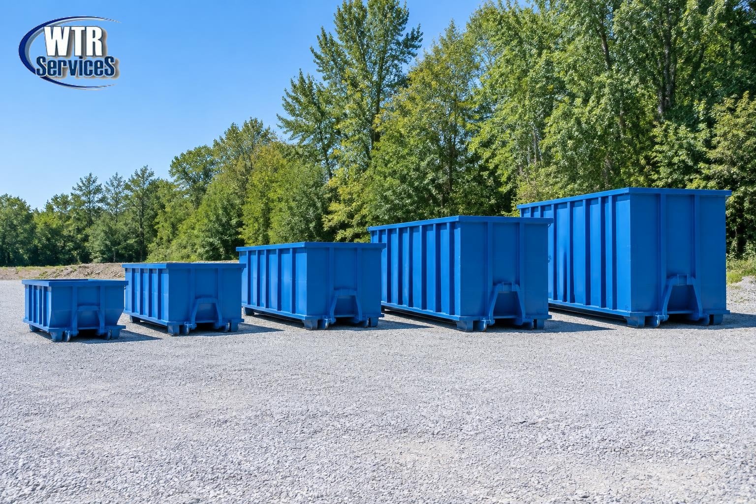 Illustrative lineup of five blue roll-off dumpsters increasing in size at a service yard, with the actual WTR Services logo in the upper-left corner