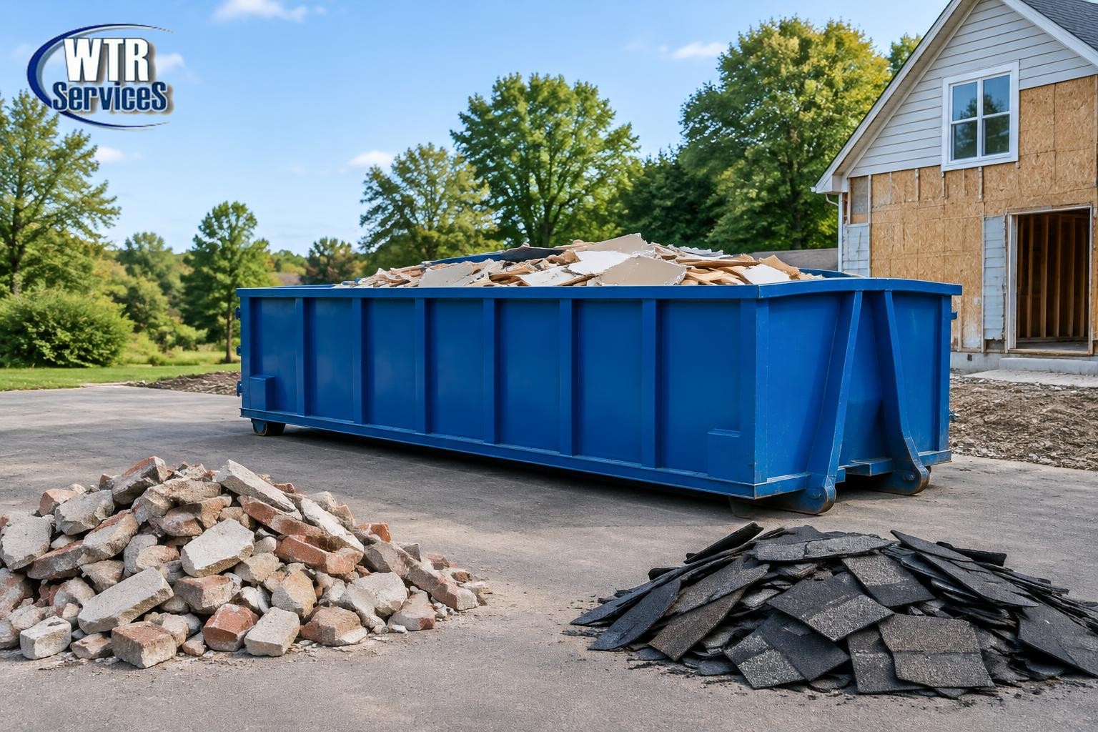 Illustrative blue roll-off dumpster at a renovation site with masonry and roofing materials staged separately and the actual WTR Services logo in the upper-left