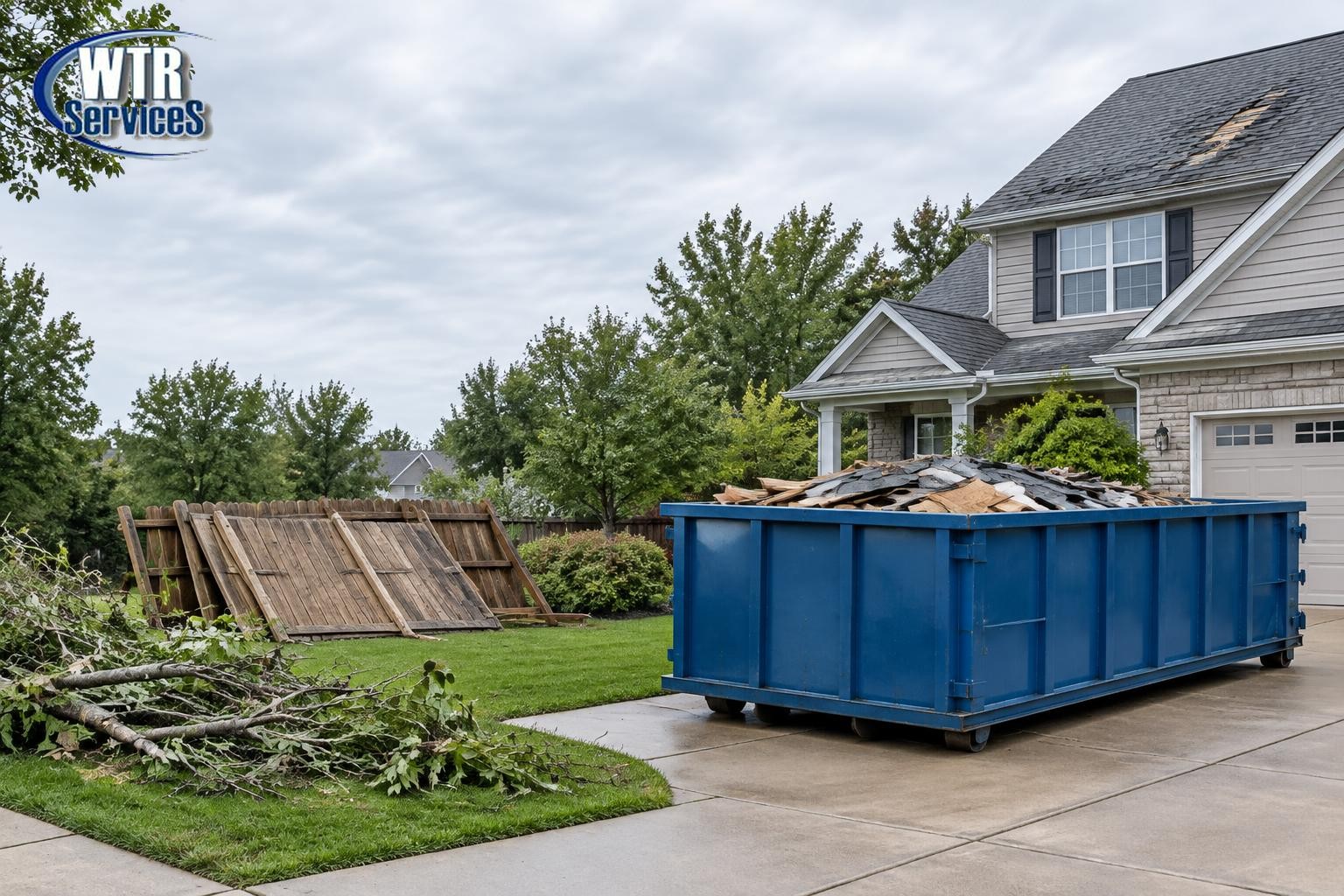 WTR Services logo on a storm-cleanup scene with a blue roll-off dumpster, damaged fencing, and branches separated beside a Northeast Ohio driveway