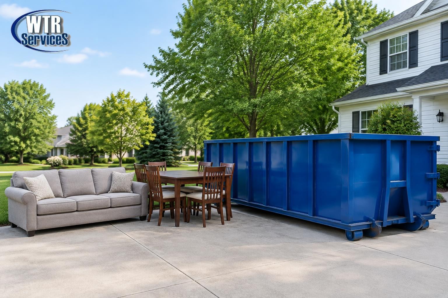 Illustrative blue roll-off dumpster beside a sofa and wooden dining furniture staged for a household cleanout, with the actual WTR Services logo in the upper-left