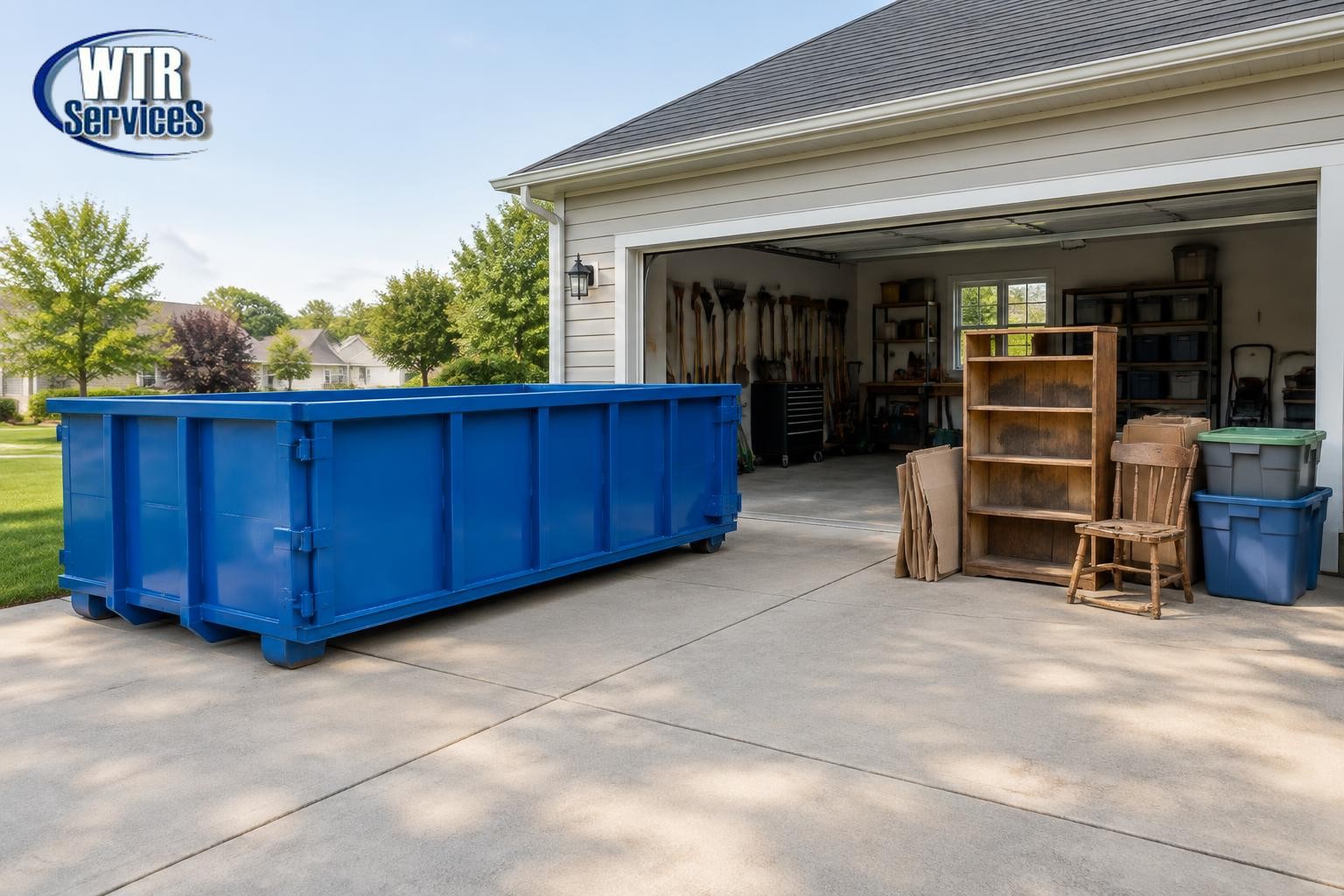 Illustrative blue roll-off dumpster beside an open garage with wooden shelving, a chair, boxes, and storage bins, with the actual WTR Services logo in the upper-left