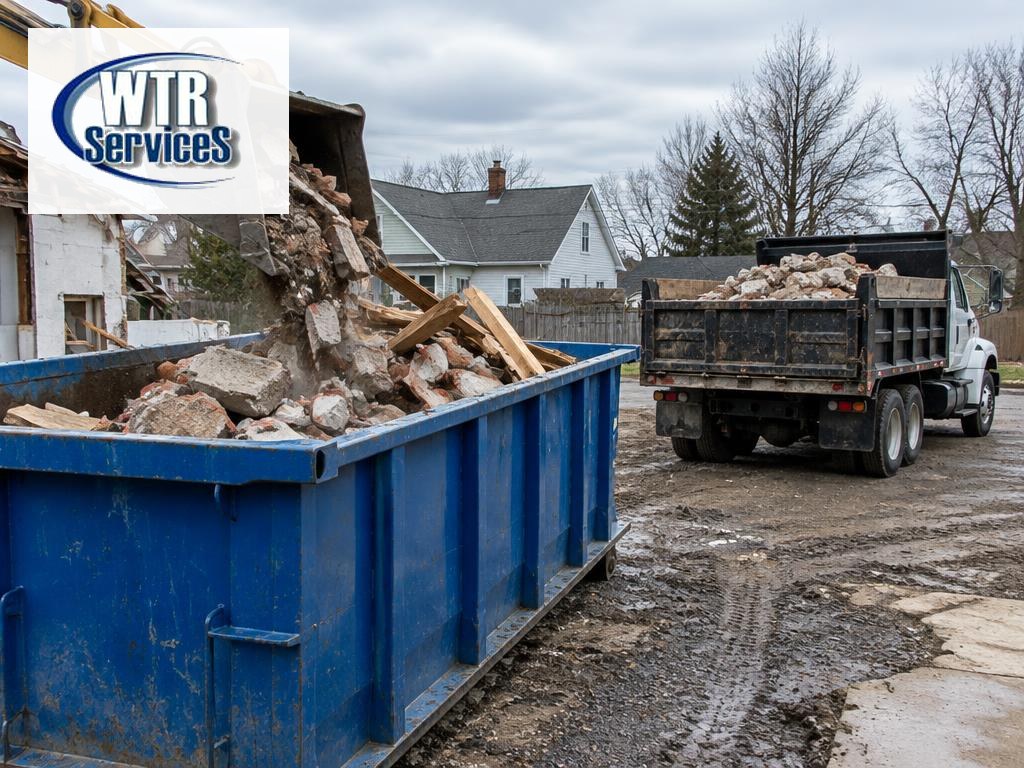 WTR Services heavy debris guide showing an excavator loading concrete and lumber into a blue roll-off dumpster beside a loaded dump truck