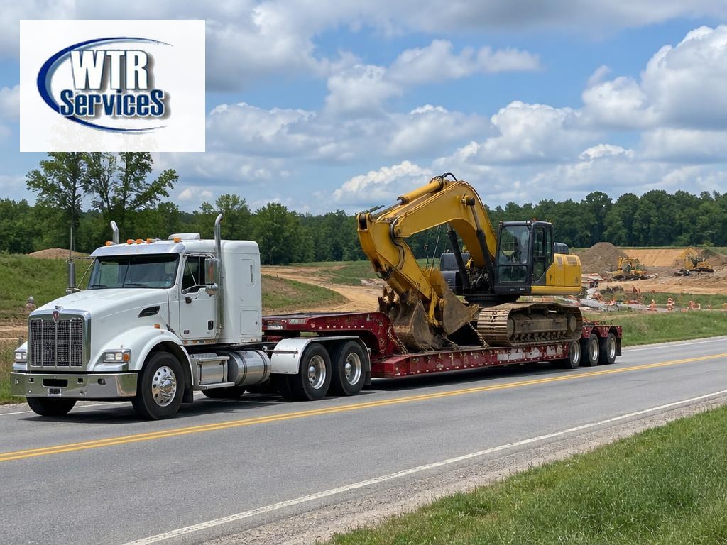 WTR Services heavy equipment hauling guide showing an excavator secured on a lowboy trailer hauled by a semi truck