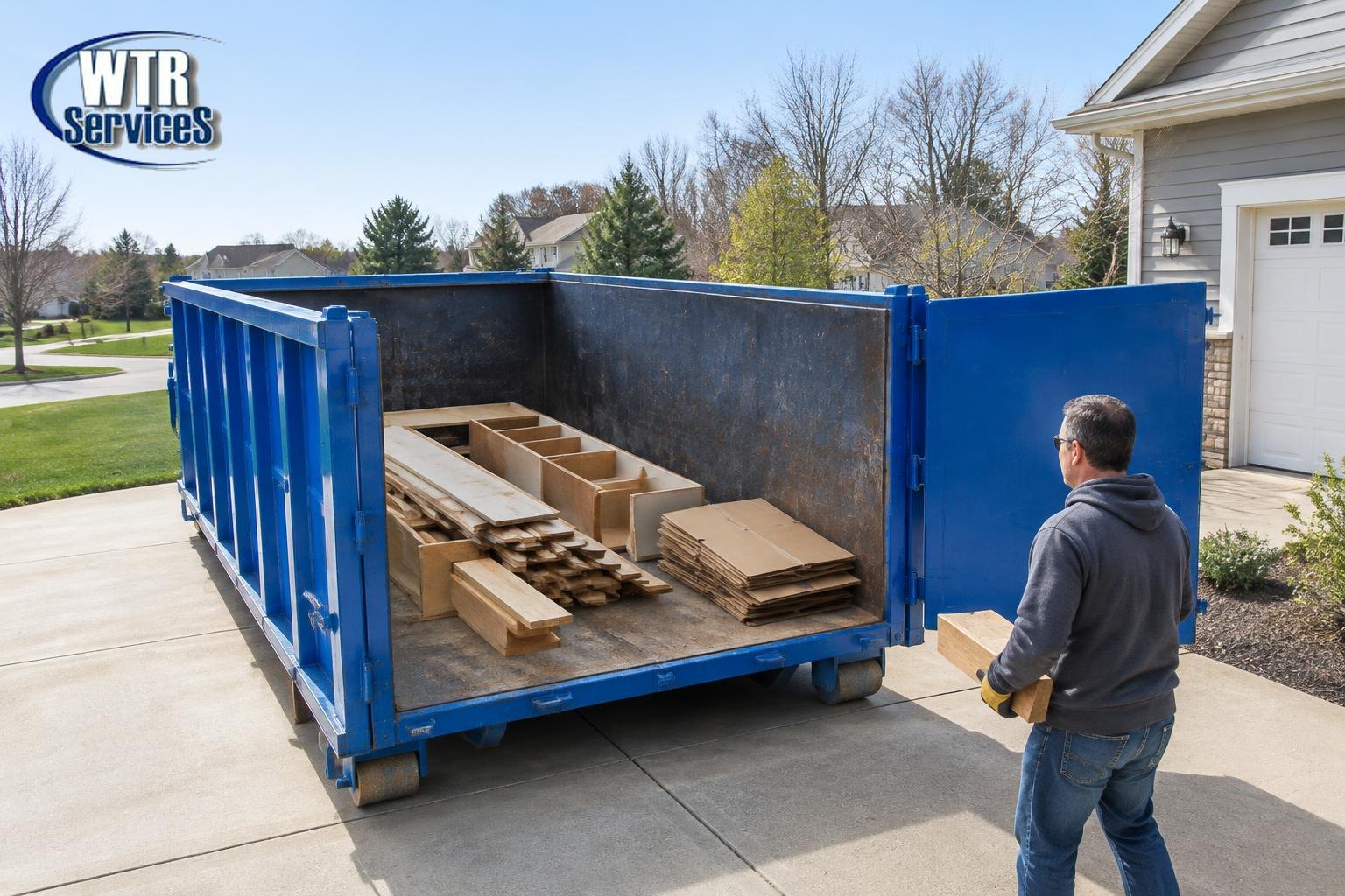 WTR Services dumpster loading guide showing flat lumber and cardboard arranged inside a blue roll-off dumpster with its loading door open