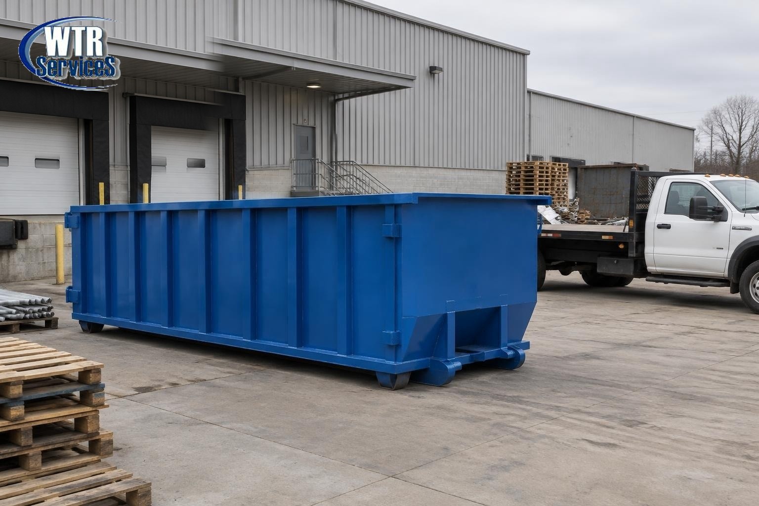 WTR Services industrial waste removal guide showing a blue roll-off dumpster at an industrial warehouse loading dock with pallets and a work truck