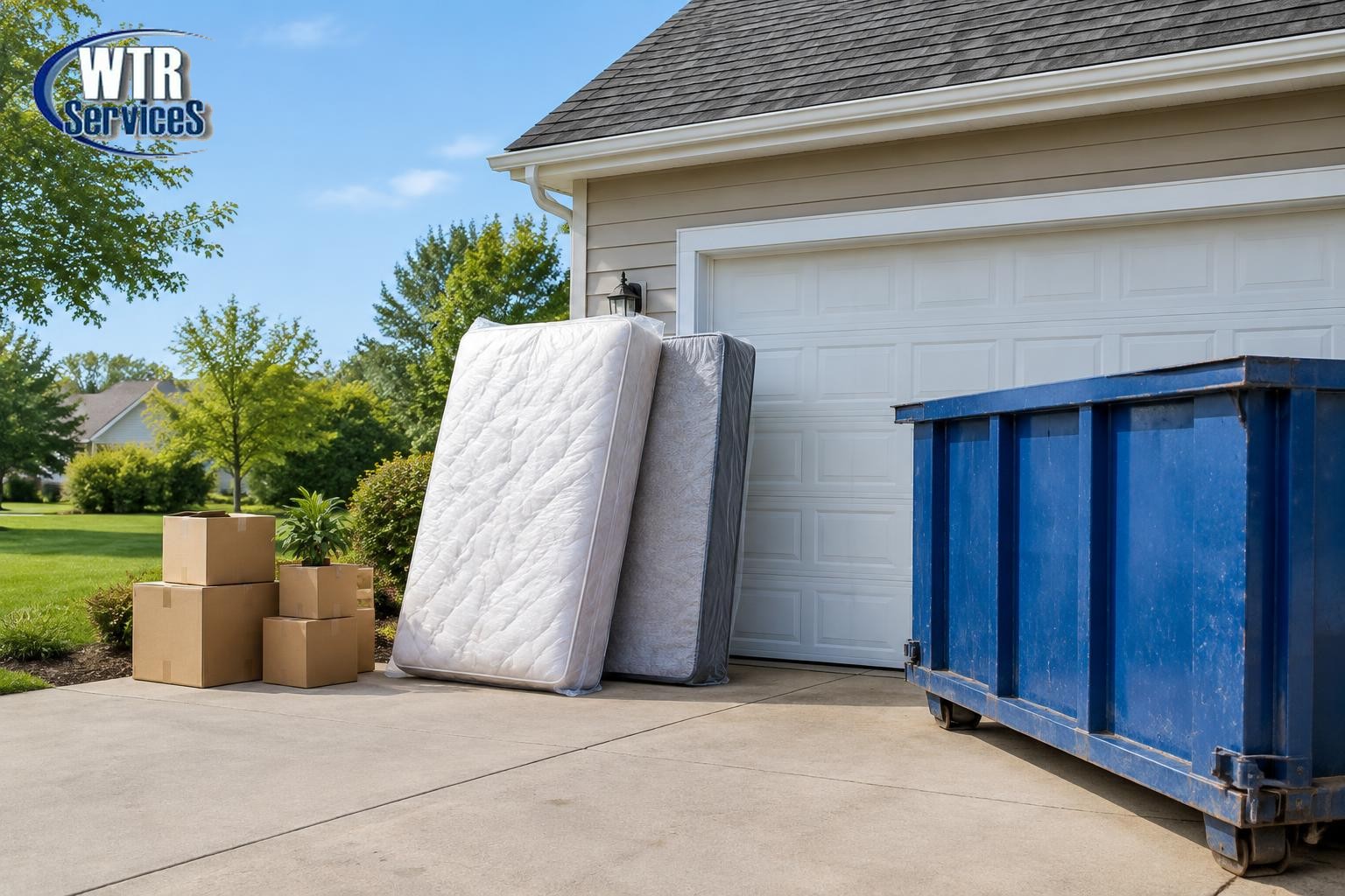 Illustrative wrapped mattress and box spring staged beside a garage with household boxes and a blue roll-off dumpster, with the actual WTR Services logo in the upper-left