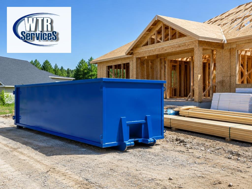 WTR Services guide to dumpster rental for new construction showing a blue roll-off dumpster beside a newly framed house with lumber stacks