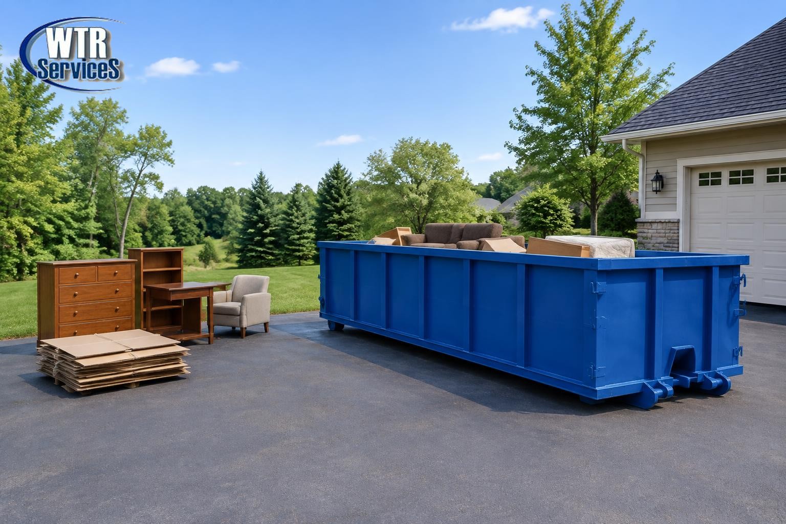 Illustrative blue roll-off dumpster with a contained household load and extra furniture staged separately, with one actual WTR Services logo in the upper-left