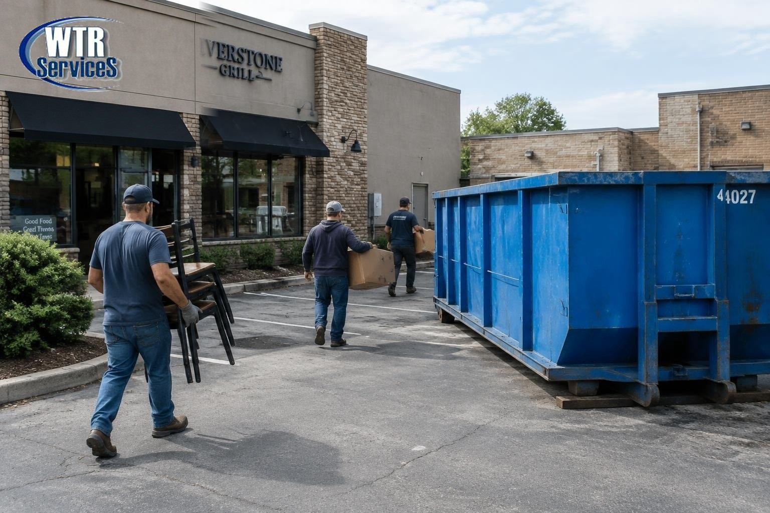 WTR Services restaurant dumpster rental guide showing workers carrying chairs and boxes toward a blue roll-off dumpster behind a restaurant