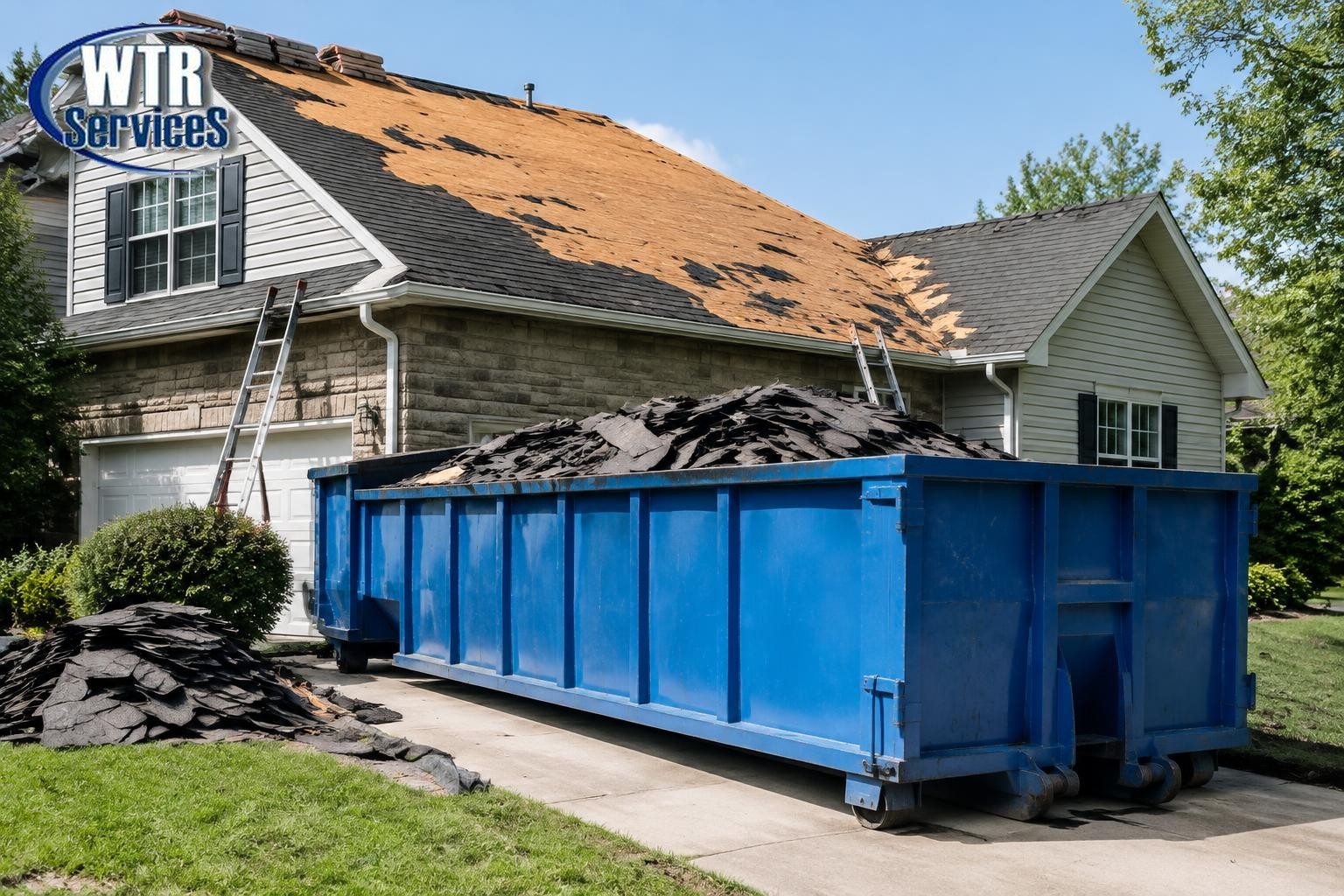 Blue roll-off dumpster filled with old asphalt shingles beside a house mid roof replacement, with the actual WTR Services logo in the upper-left