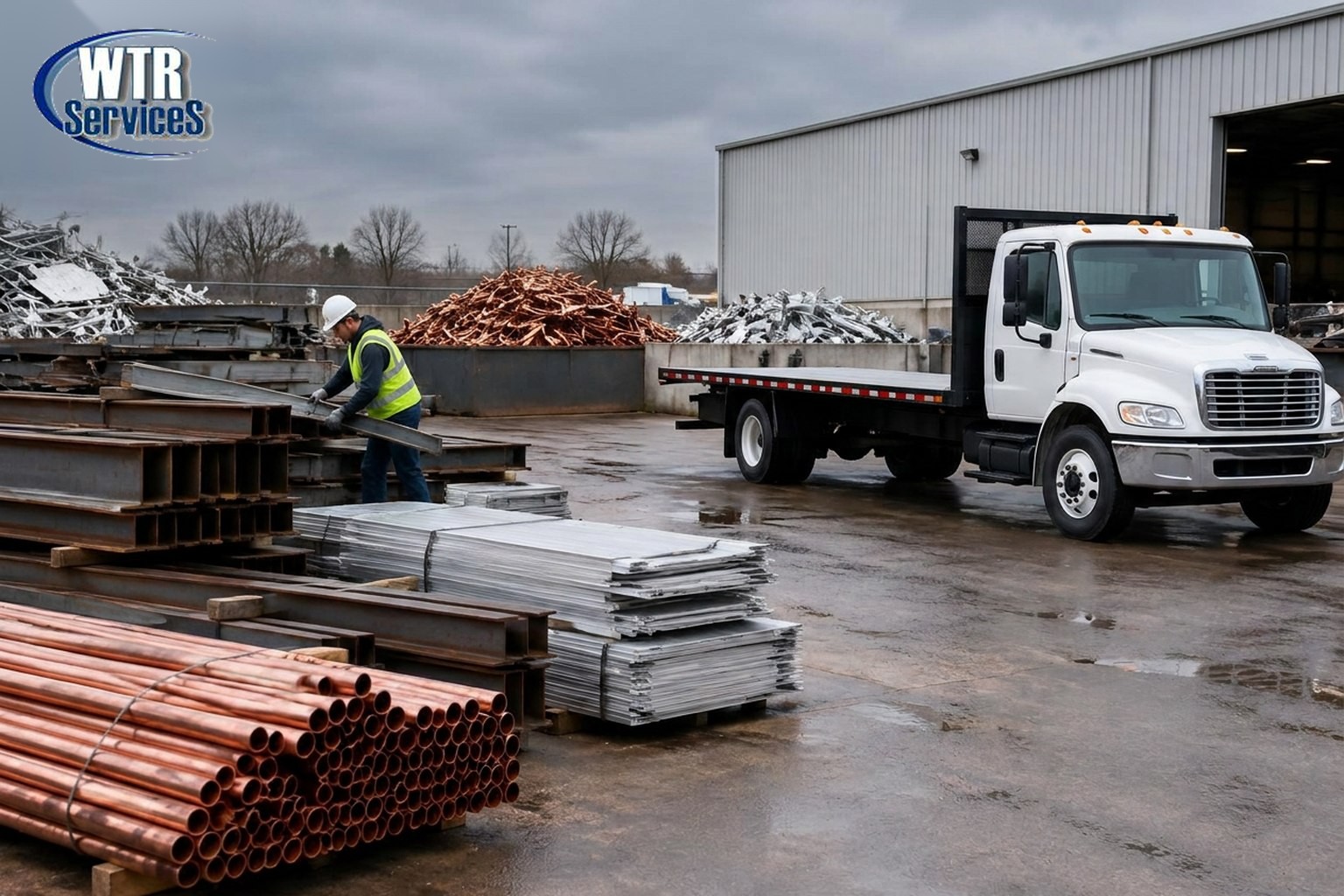 WTR Services scrap metal hauling guide showing sorted steel, copper, and aluminum scrap organized in an industrial yard with a flatbed truck ready for pickup