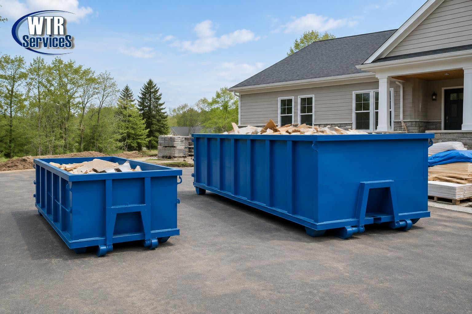 Illustrative small and large blue roll-off dumpsters at a residential renovation, with one actual WTR Services logo in the upper-left corner