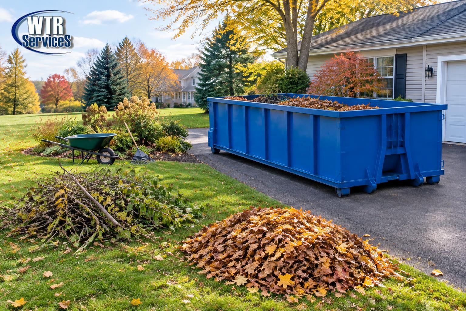 Illustrative blue roll-off dumpster on an autumn driveway beside separately staged leaves and brush, with the actual WTR Services logo in the upper-left