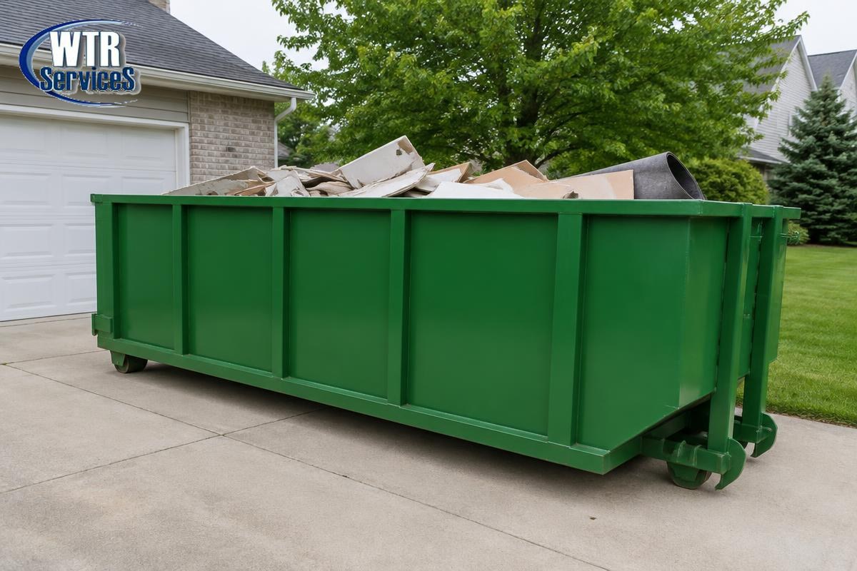 Compact 10 yard roll-off dumpster on a residential driveway in Northeast Ohio