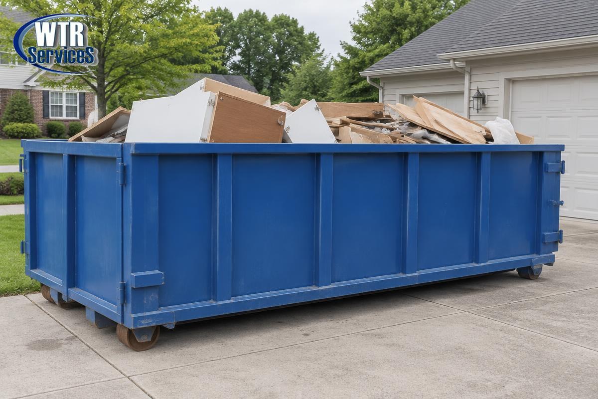 15 yard roll-off dumpster loaded with kitchen remodel debris on an Ohio driveway