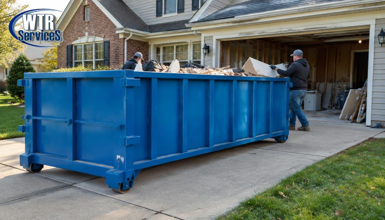 Blue 20 yard roll-off dumpster loaded with remodeling debris on an Ohio driveway
