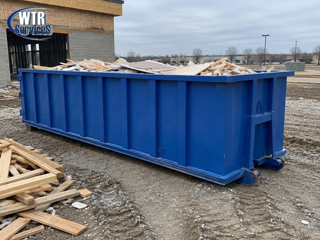 Blue 30 yard roll-off dumpster loaded with lumber and drywall on an Ohio construction site