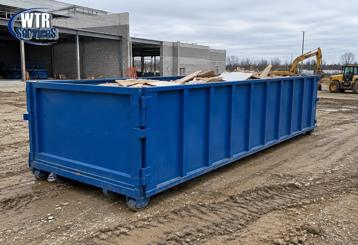 Blue 40 yard roll-off dumpster with tall walls loaded with lumber on an Ohio commercial construction site