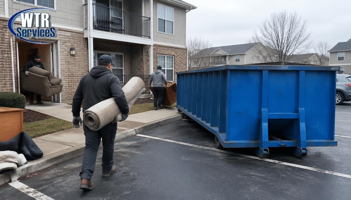 Blue WTR Services roll-off dumpster in an apartment complex parking lot while workers carry out furniture and carpet rolls