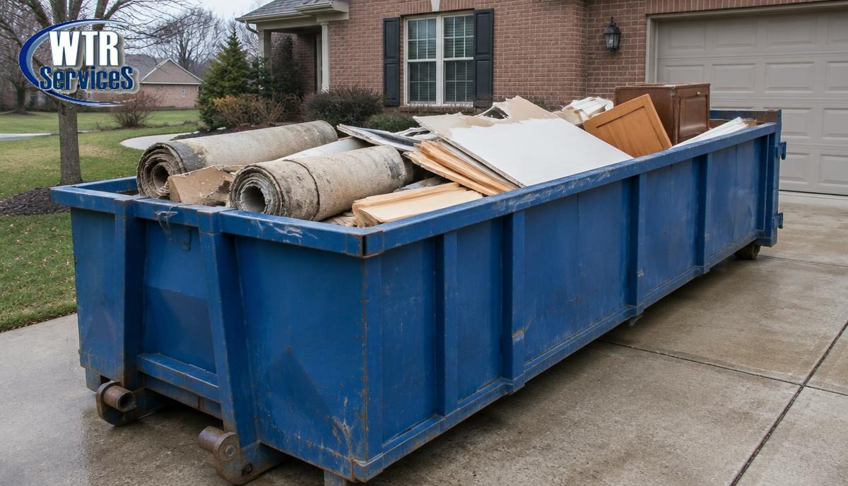 Blue WTR Services roll-off dumpster in a residential driveway filled with old carpet rolls, drywall, wood trim, and cabinet pieces from a basement renovation