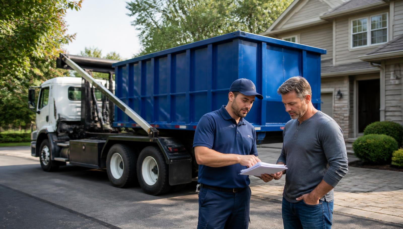 Homeowner reviewing rental details with a driver as a blue roll-off dumpster is delivered to a Northeast Ohio driveway
