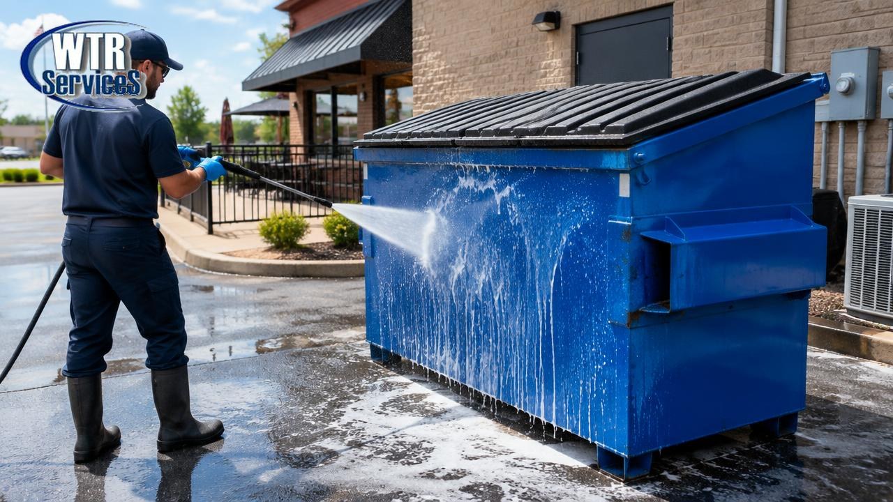 Worker pressure-washing a blue WTR Services commercial dumpster behind a restaurant in Northeast Ohio