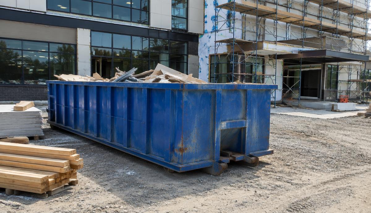 Blue roll-off dumpster at a commercial construction site during an office building renovation in Northeast Ohio