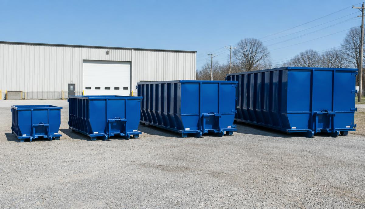 Four blue commercial roll-off dumpsters in increasing sizes lined up at an industrial yard in Northeast Ohio