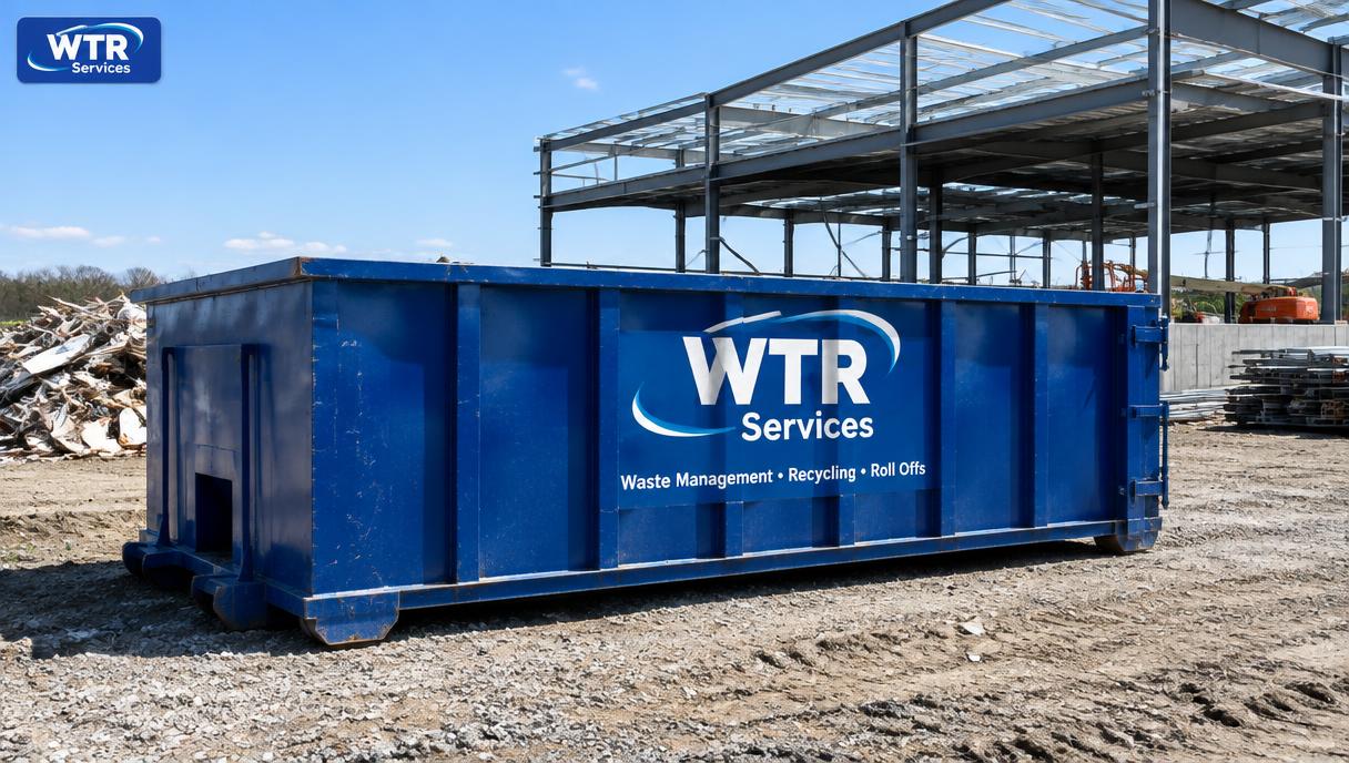 Blue WTR Services 30-yard roll-off dumpster at a commercial construction site in Northeast Ohio