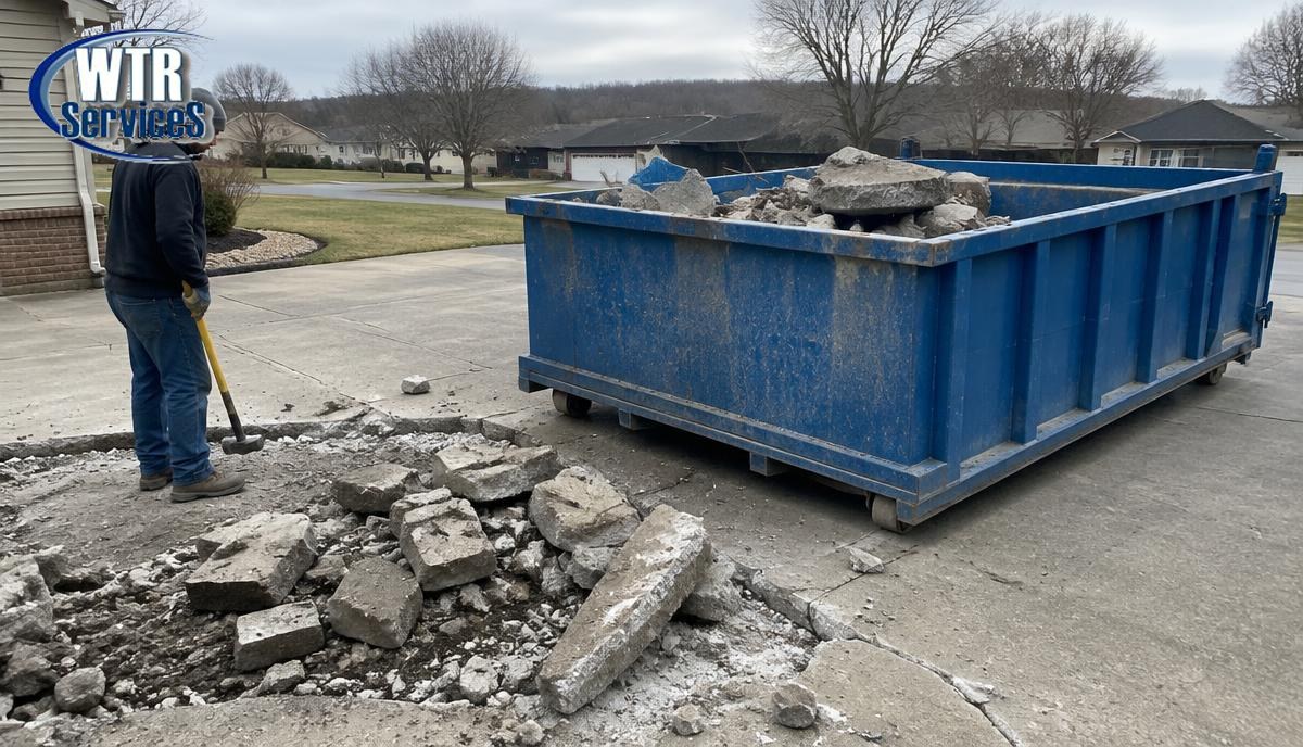 Blue WTR Services roll-off dumpster on a driveway being loaded with broken concrete chunks from a demolished driveway