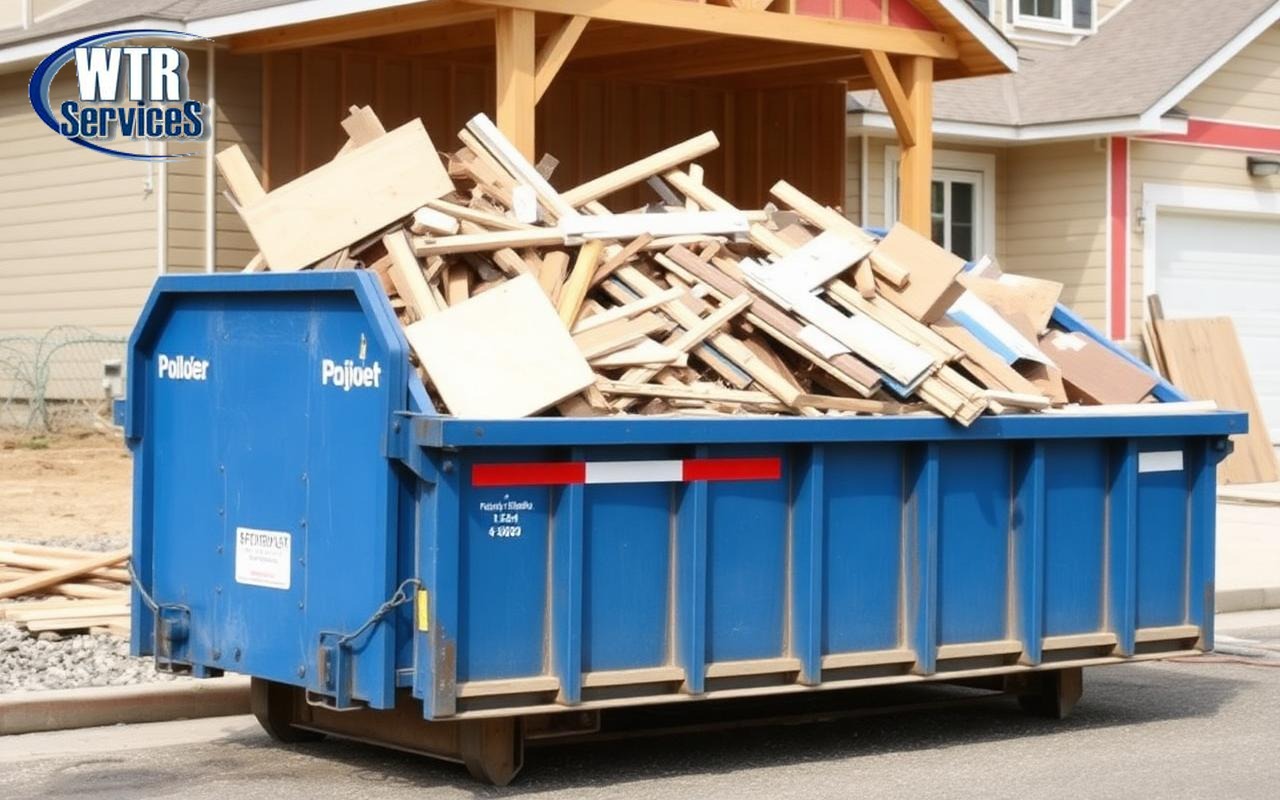 Blue WTR Services roll off dumpster filled with lumber and drywall scraps at an Ohio construction site